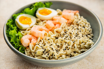 Noodles  shrimp and vegetables tasty seafood snack fresh delicious gourmet food background on the table rustic food top view copy space vegetarian food