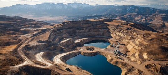 Aerial view of open pit mine with water and mountains for resource extraction and environmental impact