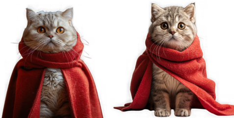 Two cute cats wearing red scarves, looking at the camera with big eyes, isolated on transparent background