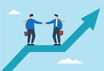 Flat illustration of two businessmen shaking hands on rising growth arrow cooperation partnership negotiation collaborate success team