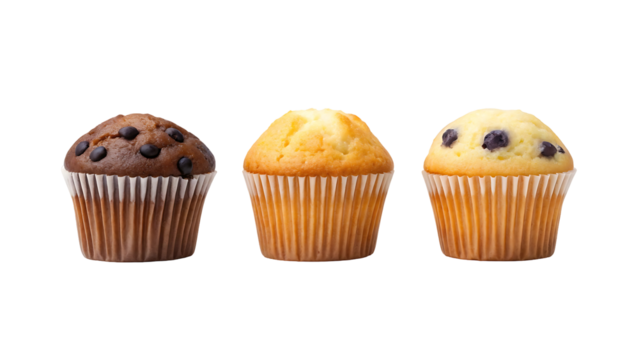 Three delicious muffins isolated on transparent background