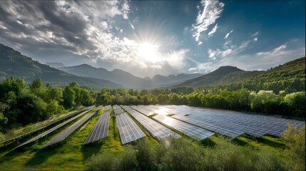 A wideangle view of a large solar panel field in a lush green valley reflecting bright sunlight surrounded by mountains and trees clear blue sky with scattere.