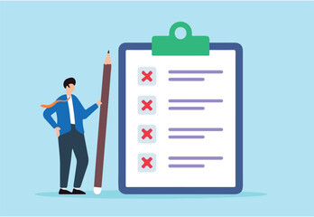 Flat illustration of HR manager hold pencil with cross mark on business checklist clipboard task failed