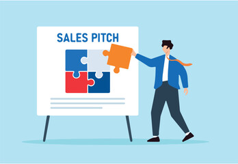 Flat illustration of confident businessman fitting final puzzle piece on whiteboard jigsaw to complete sales pitch strategy