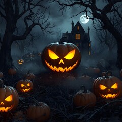 Haunted House Horror Scene with Pumpkins