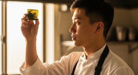 Young asian male chef examines culinary creation in kitchen light