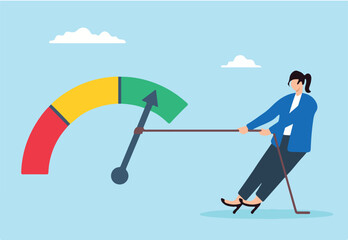 Flat illustration of strong businesswoman pull string on rating gauge to reach excellent credit score customer feedback performance quality control