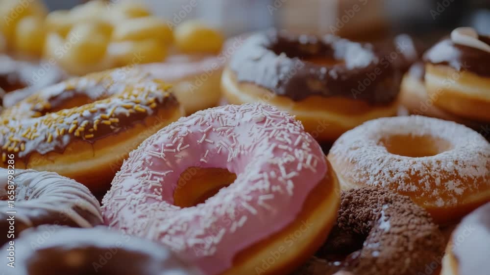 Poster close-up view of various types of donuts with different flavors, glazes and toppings.