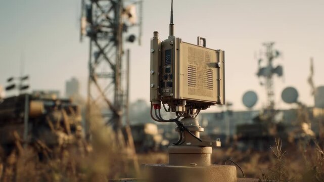 Medium shot of a microwave antidrone jammer positioned on a base perimeter tower emphasizing the equipments details with foreground clarity and background bokeh effect.