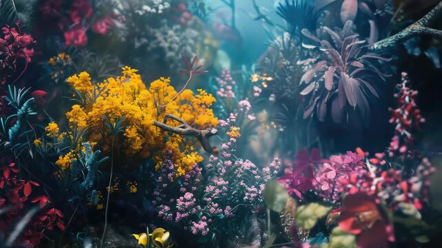 A pair of vibrant parrotfish swimming among an array of colorful marine life on a coral reef underwater. Surreal and fantastical nature scene.