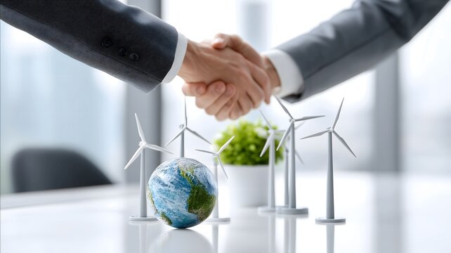 two businessman shaking hands in an office setting globe and wind turbines visible in a model layout on the desk symbolizing a renewable energy partnership re.