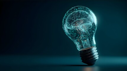 Out folines of code looking at the hologram of a light bulb with an AI brain inside dark blue and green highlights digital wireframe realistic fotorealistic.j.