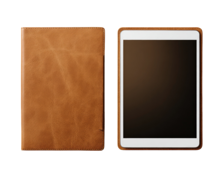 Tan leather tablet case, front and back view