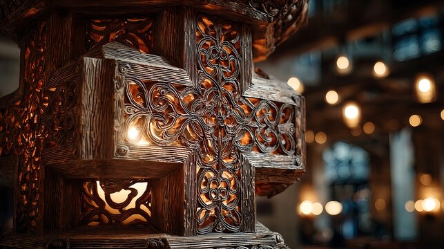 Symbolic illustration of a wooden lantern shaped like a cross with a glowing candle inside, radiating warm light. A spiritual All Saints Day themed composition representing faith, remembrance and eter