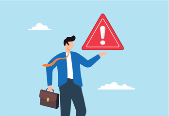 Flat illustration of businessman hold exclamation mark sign concerned about solving problem
