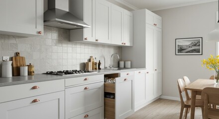 Modern white kitchen with wooden accents and dining table