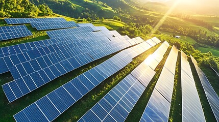 Aerial view of photovoltaic plant generating sustainable energy in countryside landscape in summer sunny day