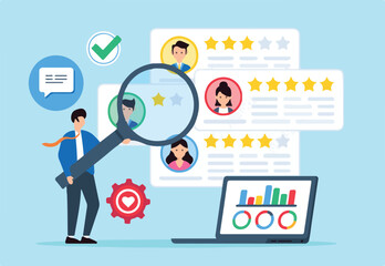 Interpreting client reviews and surveys, improving products and services concept vector illustration. Business analyst analyzing customer feedback