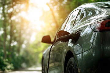 Closeup of an electric car charging with the power cable in a modern urban environment with a sunlit green nature background Mixed media ecofriendly energy co.