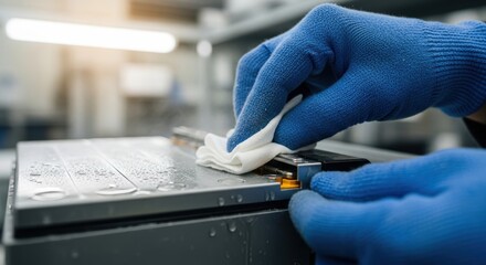 Person cleaning industrial machine surface with blue gloves in factory setting