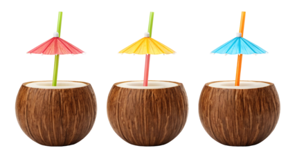 Three tropical coconut drinks with umbrellas isolated on transparent background