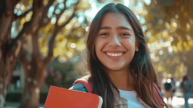 Happy young woman with red folder, walking on a sunny day at campus.