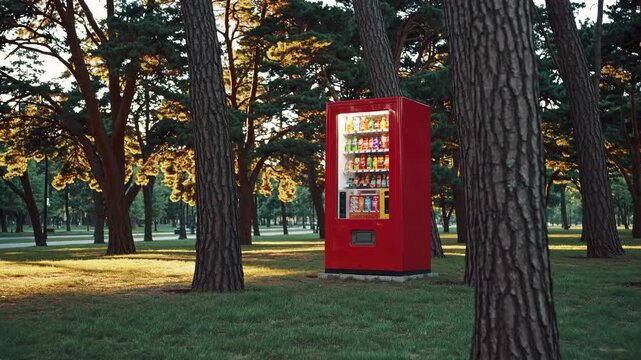 Red vending machine stands strangely alone in a green forest park a surreal choice this concept represents modern consumerism vs nature lonely juxtaposition