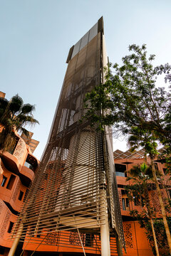 The wind tower at the center of the Masdar Institute Campus. Sustainable environment.