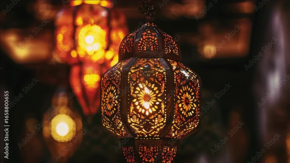 Poster a lighted lantern with a yellow and red design. the lantern is hanging from the ceiling. there are t
