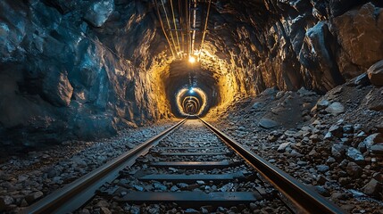A deep exploration of an abandoned mine shaft with train tracks leading into the darkness inside rocks
