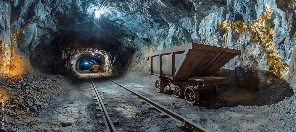 Poster underground mining exploration tunnel with cart and rails for ore extraction and resource exploratio