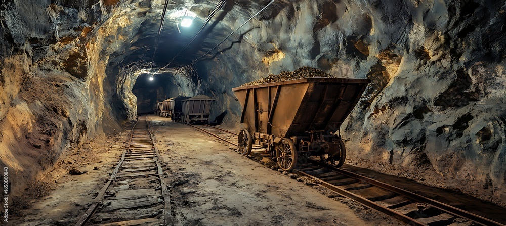 Poster exploring the depths a journey into the heart of an old cavern with carts and tracks for mining work