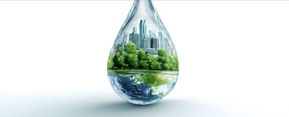 Green Water Technology Green World and City on Earth inside the water drop logo vector illustration on a white background closeup shot 4K resolution ultrareal.