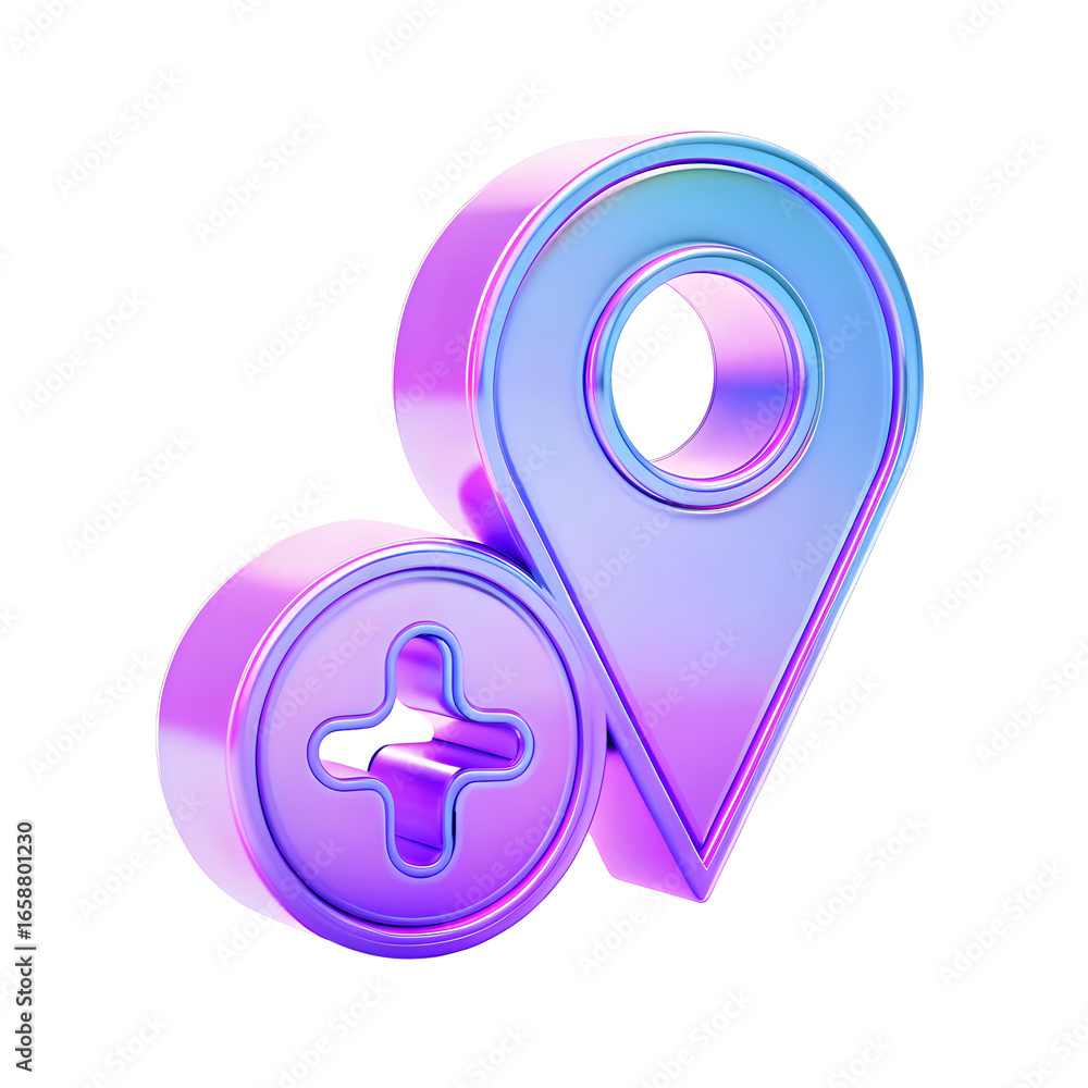Poster 3d iridescent map pointer with a plus sign icon on a black background in a rendered style on transparent background