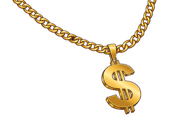 Illustration of a golden chain necklace with a dollar sign pendant against a white background on transparent background