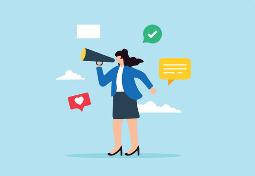 Flat illustration of young woman speak on megaphone for social media promotion symbolizing public relations and marketing