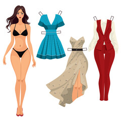 paper doll with a set of clothes. evening dress, short dress, blouse and skirt. vector illustration