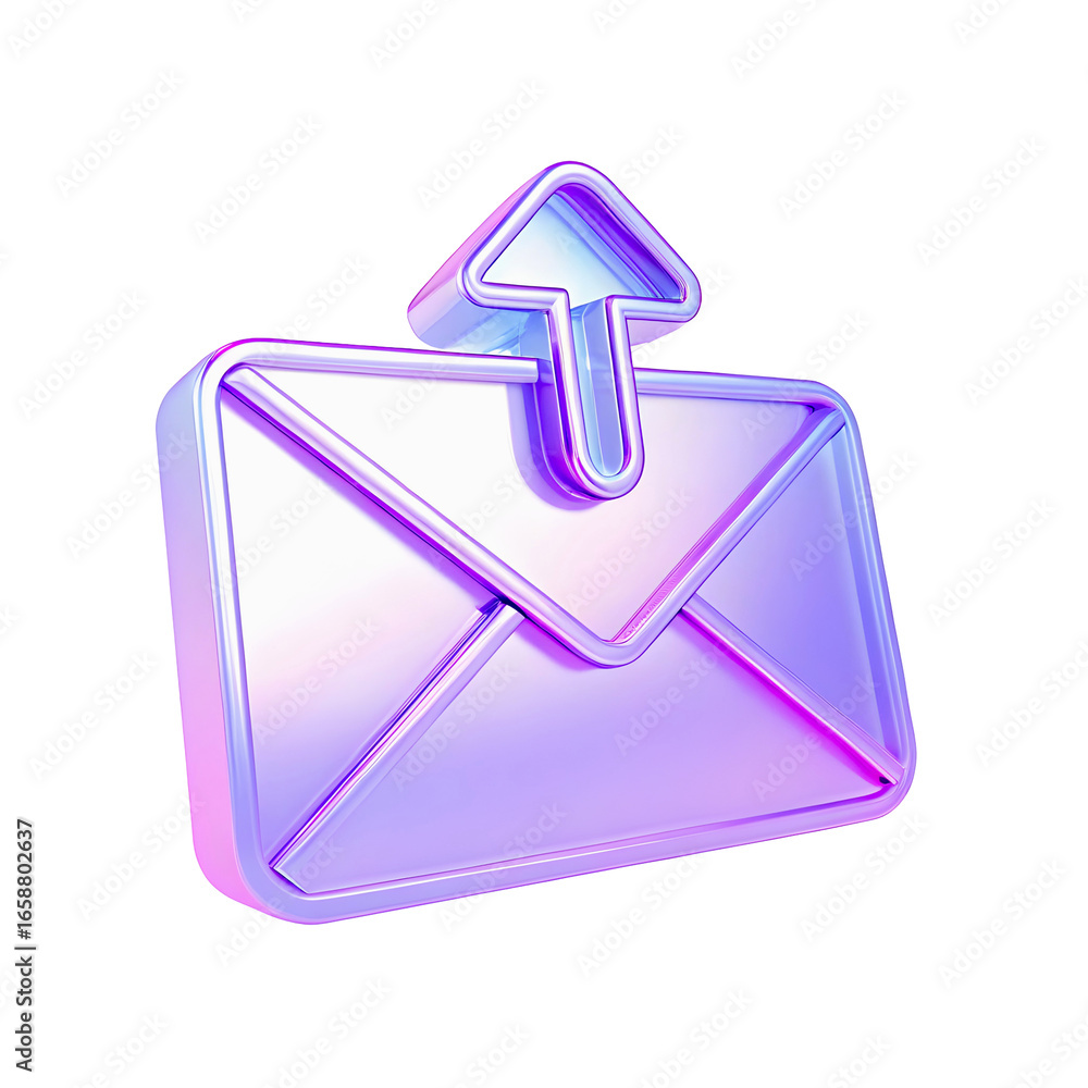 Poster a 3d glossy purple envelope with an arrow pointing upwards on a black background in a digital render