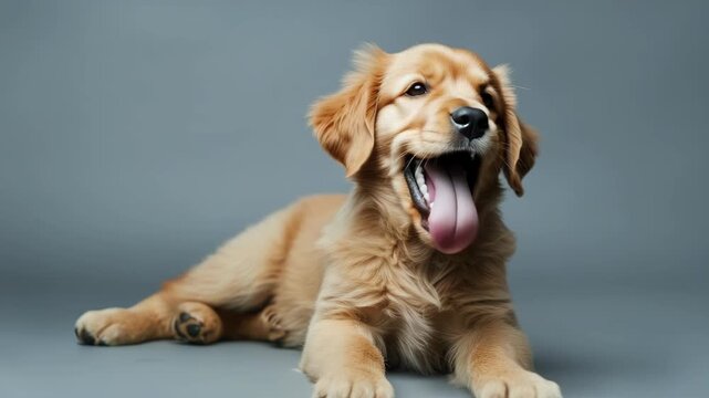 Adorable golden retriever puppy with tongue hanging out, panting in joy, suggesting a fun playtime or bonding moment.