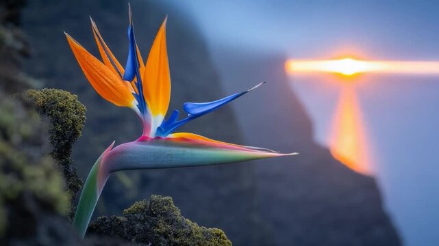 Bird of Paradise Flower with Sunrise Glow in Misty Mountain Landscape Video