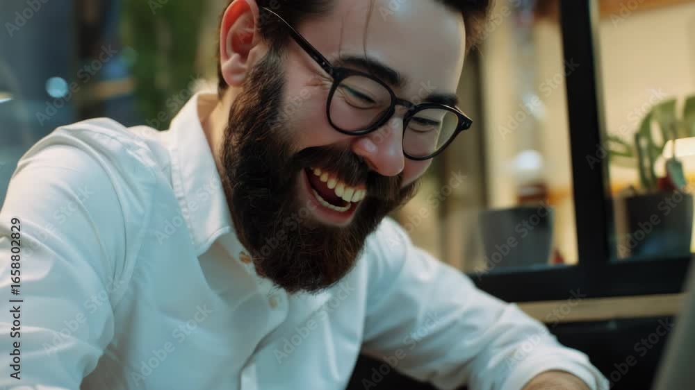Aufkleber smiling man with glasses using computer in modern setting.
