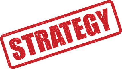 Red distressed rectangular stamp with the word strategy boldly written in white