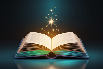 Open magical book emitting glowing light and sparkling particles into the darkness