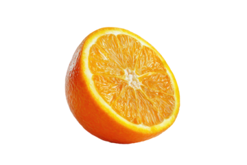 Close-up of an orange slice, vibrant orange hue, juicy segments, slightly angled view, isolated on black background