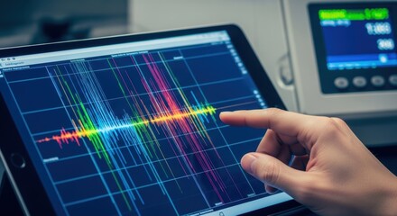 Hand analyzing colorful waveform on tablet in medical lab setting