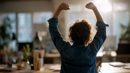 Female designer celebrating success with arms raised in victory after completing a project in a bright, modern office, radiating joy and a sense of accomplishment