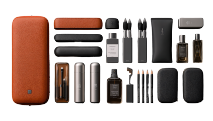 Organized collection of sophisticated travel accessories in various shades of brown and gray