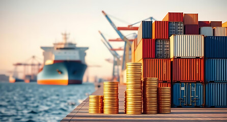 Fototapeta premium Colorful shipping containers are waiting on the dock to be transported. Stocks of coins symbolize trading. A cargo ship is coming into the port in the background, sunny sky.