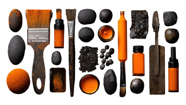 Orange art supplies and dark stones arranged in a grid pattern on a black background