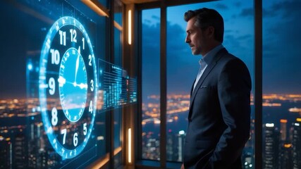 Businessman Interacting with Futuristic Clock Interface Overlooking City Lights at Night - Powered by Adobe